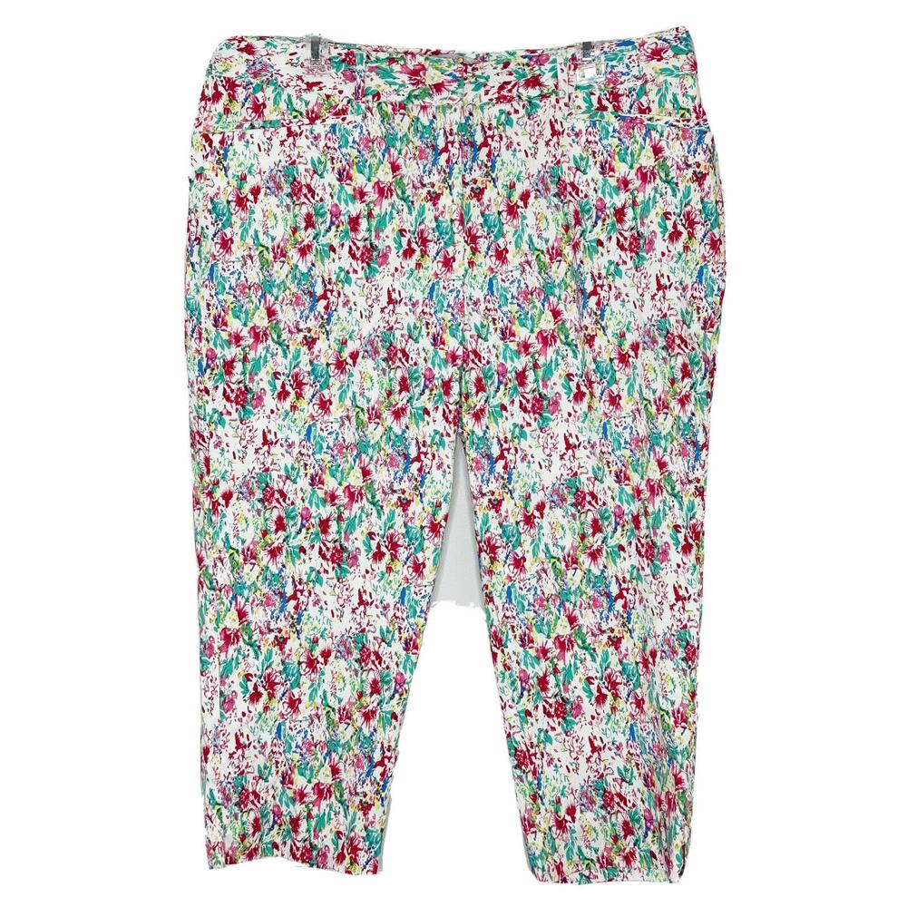 Cassmode New York White Floral Pants Chinos Crop Stretch Cotton Capri Sz 18 New
